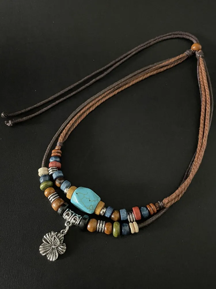Turquoise Multi-layer Clavicle Chain Ethnic Retro Decoration Girls Cotton and Linen Accessories