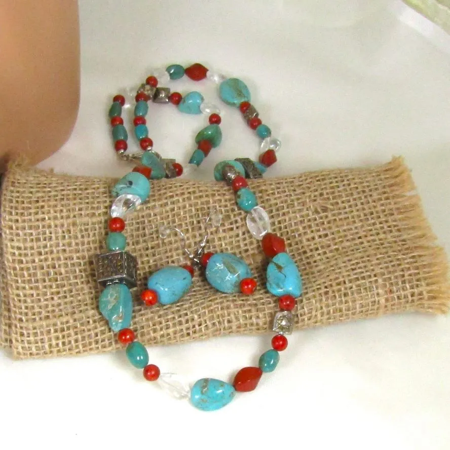 Turquoise, Red Gemstone & Crystal Necklace & Earrings