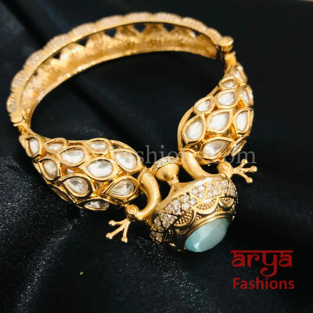 Veera Blue Peacock Jaipuri Jadau Kundan CZ Rajwadi Openable Designer Bracelet