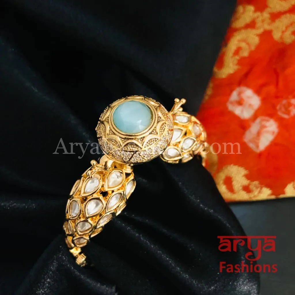 Veera Blue Peacock Jaipuri Jadau Kundan CZ Rajwadi Openable Designer Bracelet