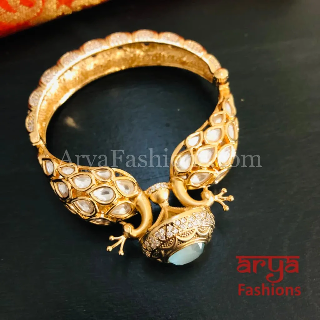 Veera Blue Peacock Jaipuri Jadau Kundan CZ Rajwadi Openable Designer Bracelet