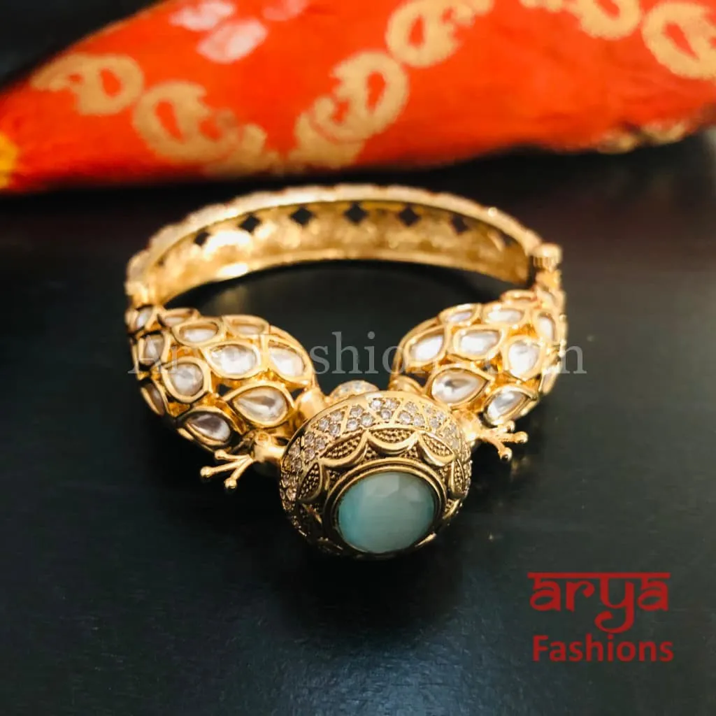 Veera Blue Peacock Jaipuri Jadau Kundan CZ Rajwadi Openable Designer Bracelet