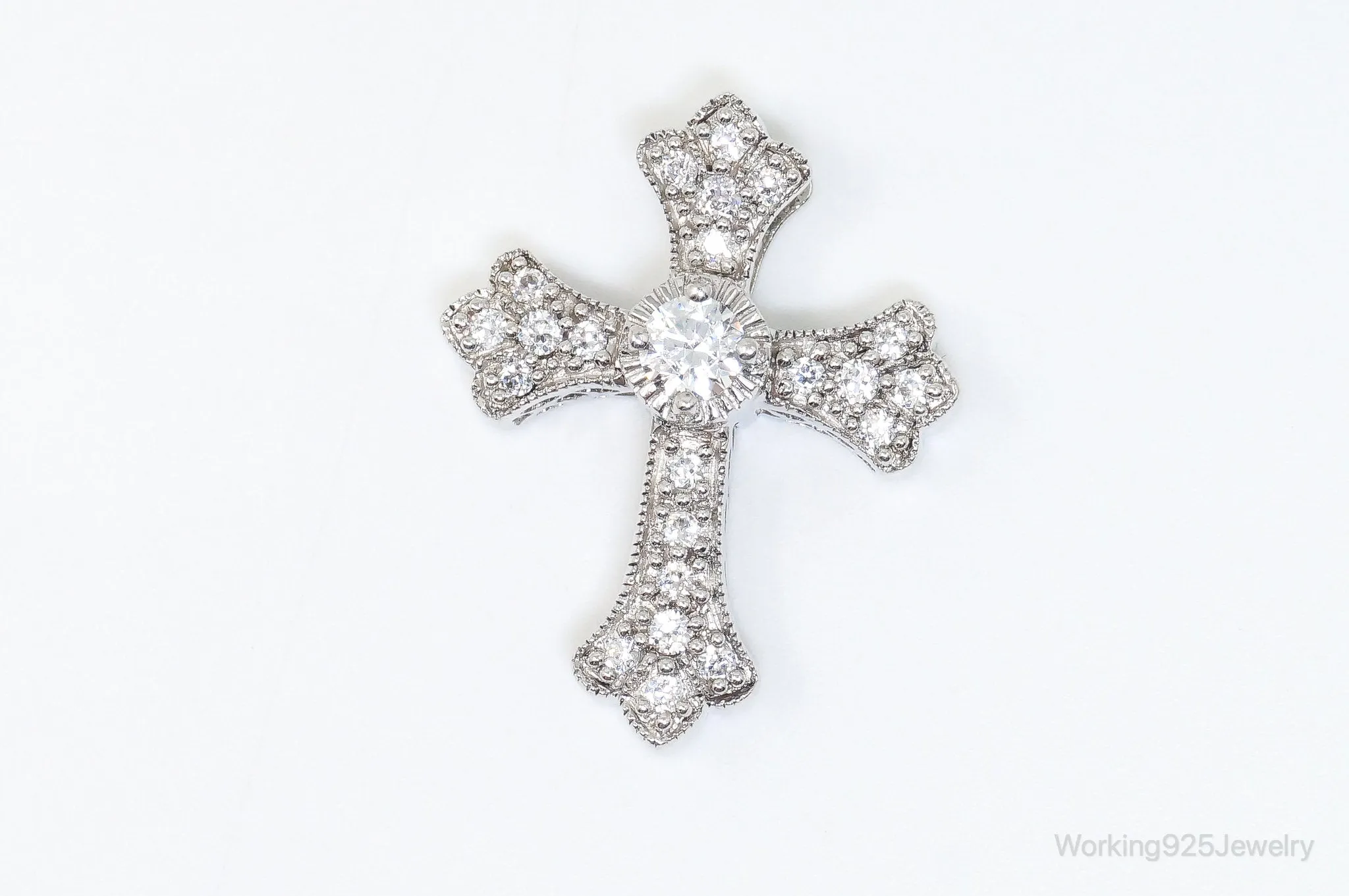 Vintage Designer MEDA Cubic Zirconia Cross Sterling Silver Necklace Pendant