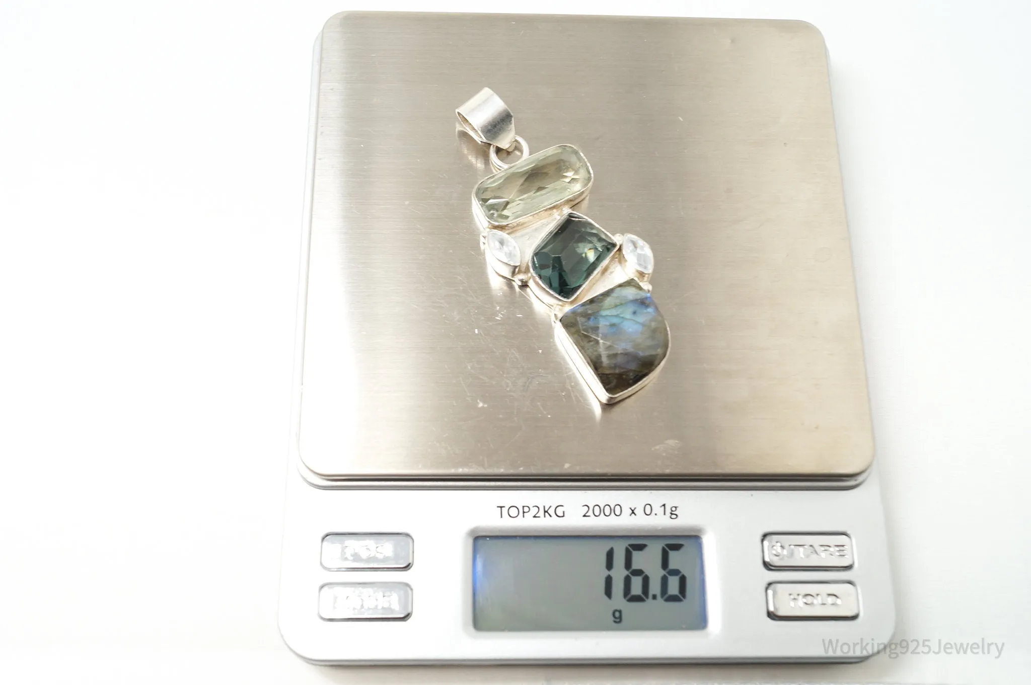 Vintage Large Labradorite Topaz Crystal Sterling Silver Necklace Pendant