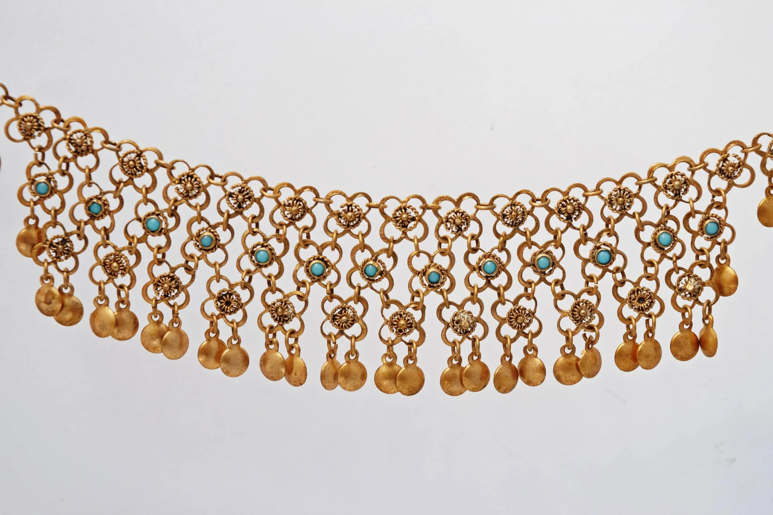 Vintage Middle East Sterling Silver, Gold Gilt and Turquoise Filigree Necklace
