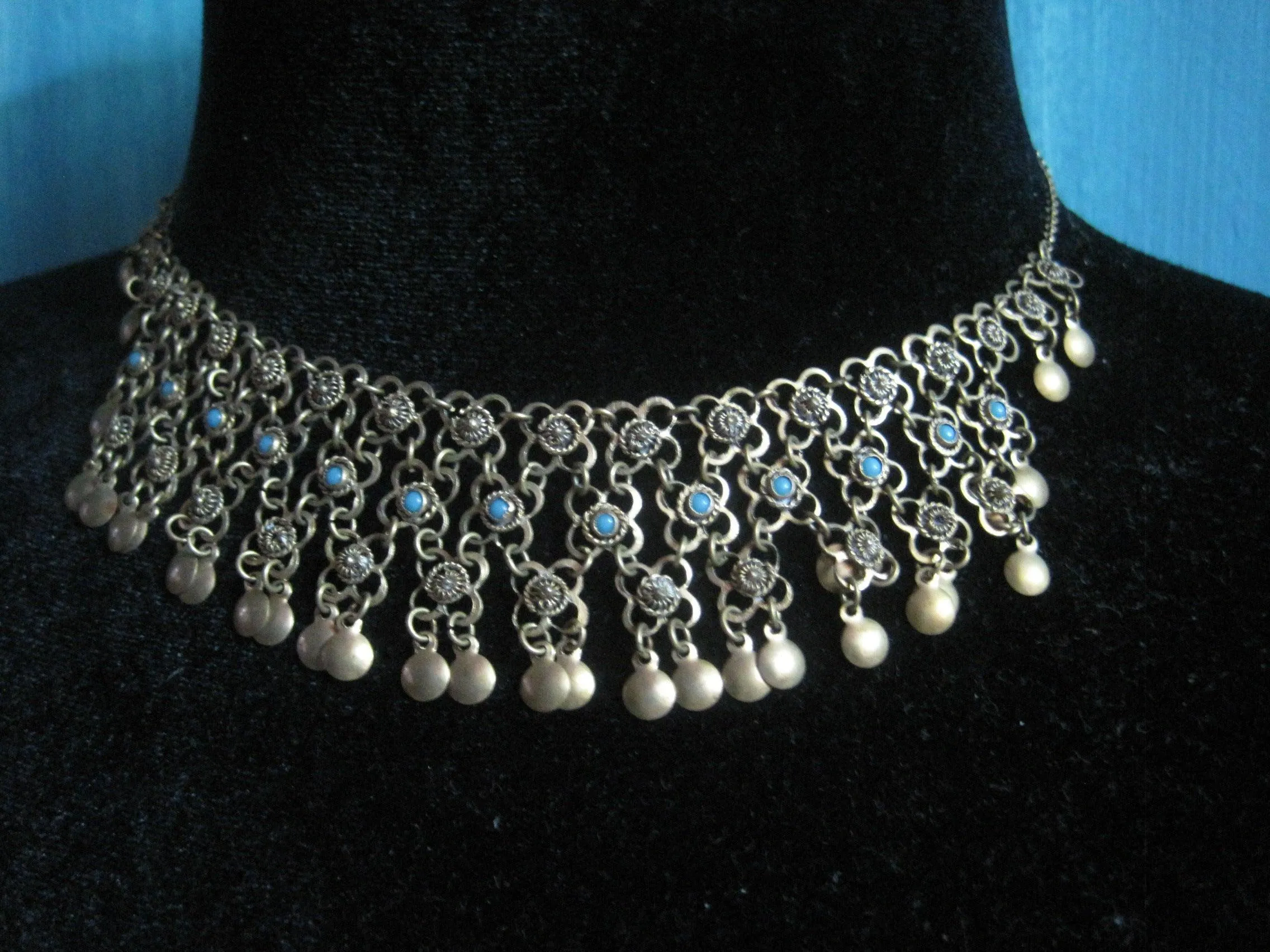 Vintage Middle East Sterling Silver, Gold Gilt and Turquoise Filigree Necklace