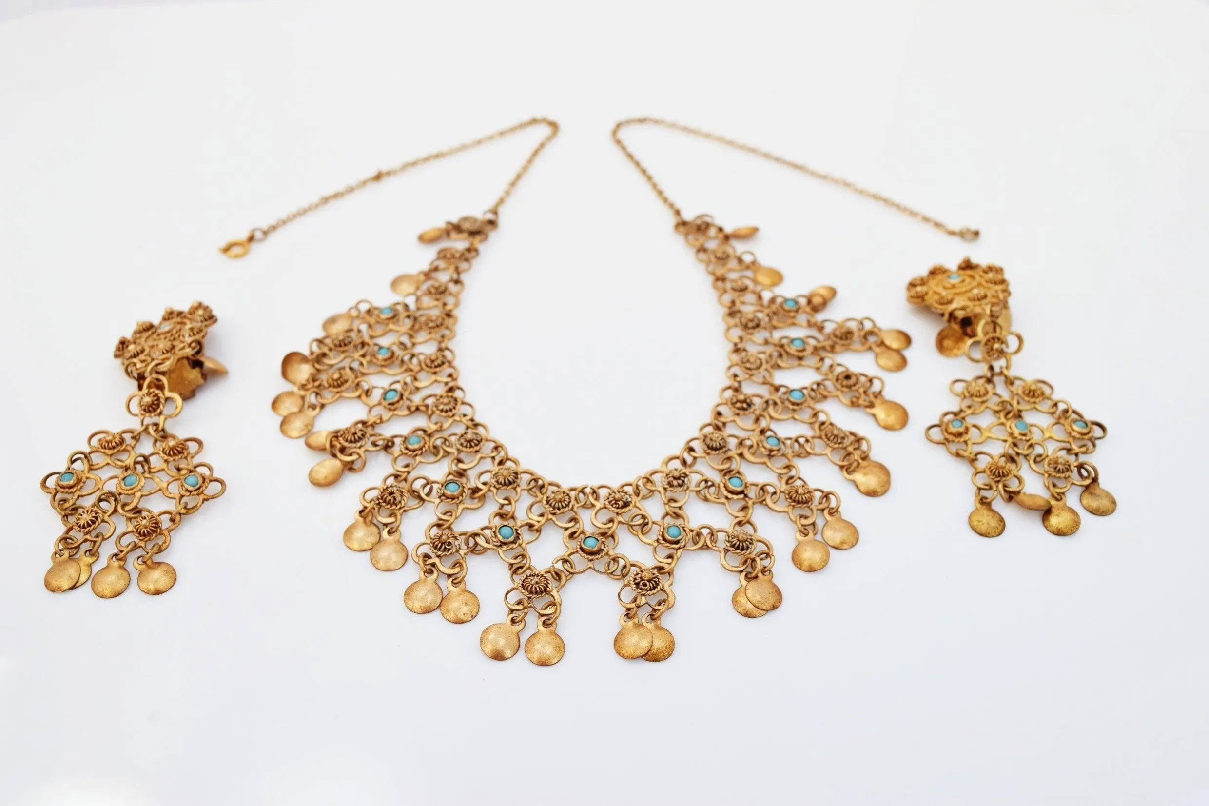 Vintage Middle East Sterling Silver, Gold Gilt and Turquoise Filigree Necklace