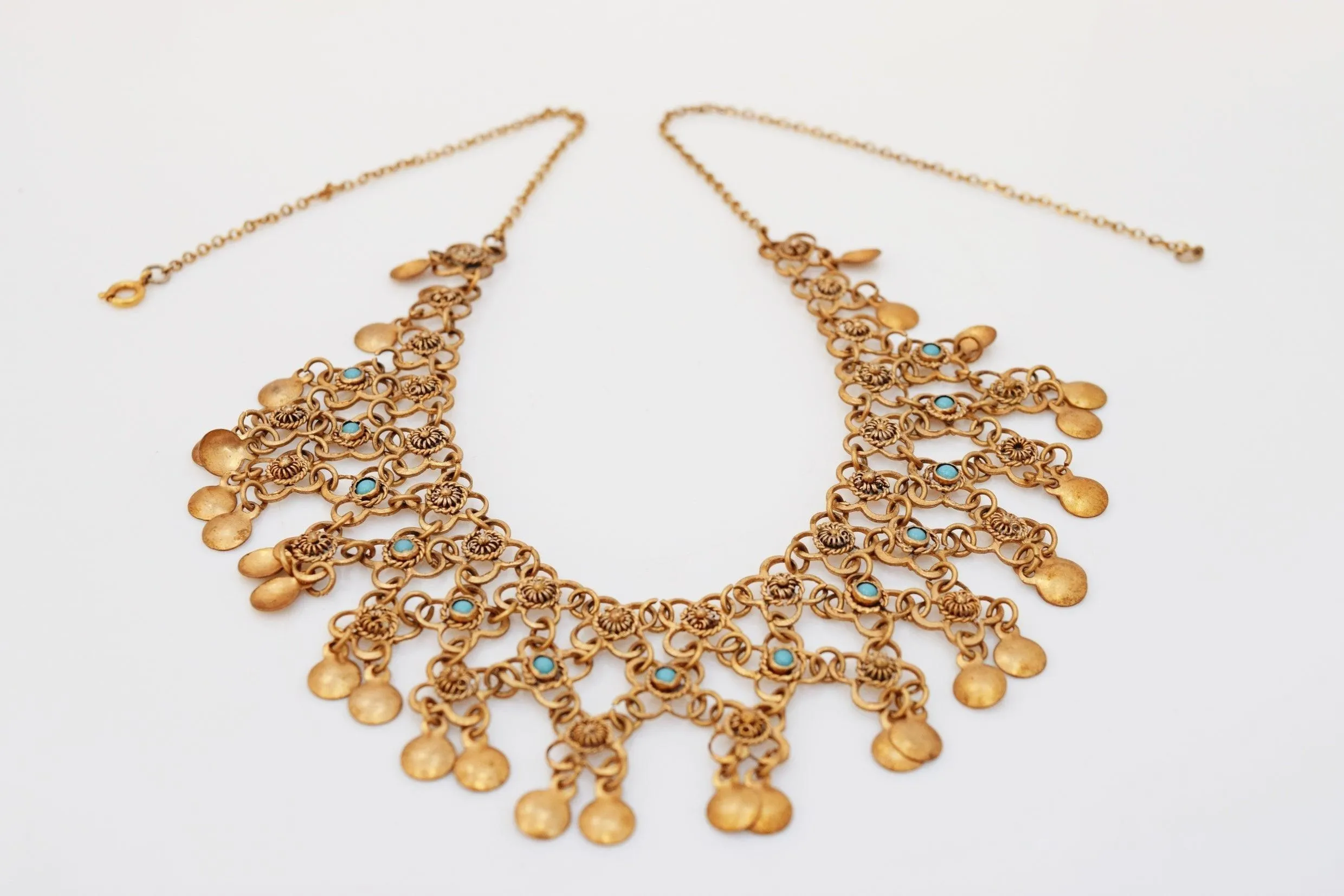 Vintage Middle East Sterling Silver, Gold Gilt and Turquoise Filigree Necklace