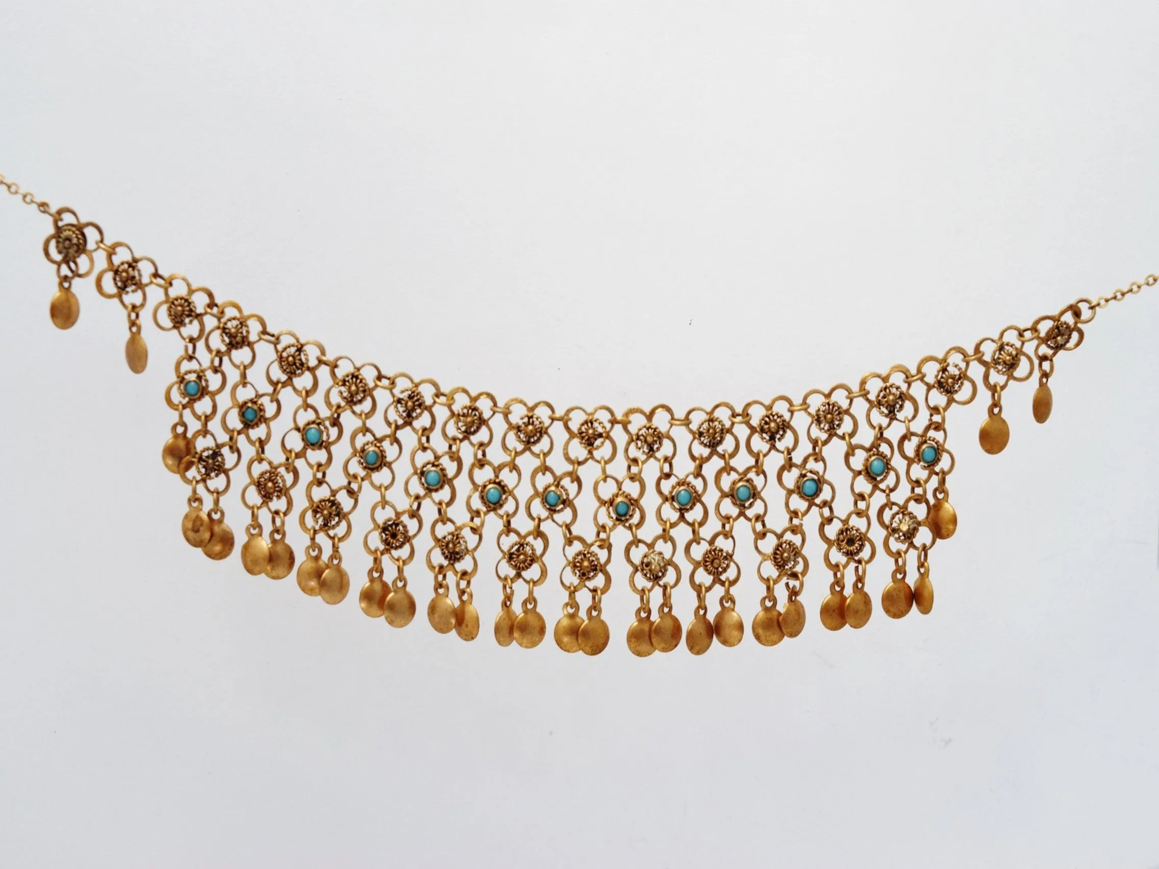 Vintage Middle East Sterling Silver, Gold Gilt and Turquoise Filigree Necklace