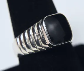 Vintage Tiered Art Deco Design Sterling Silver Black Onyx Signet Ring - Size 8.75
