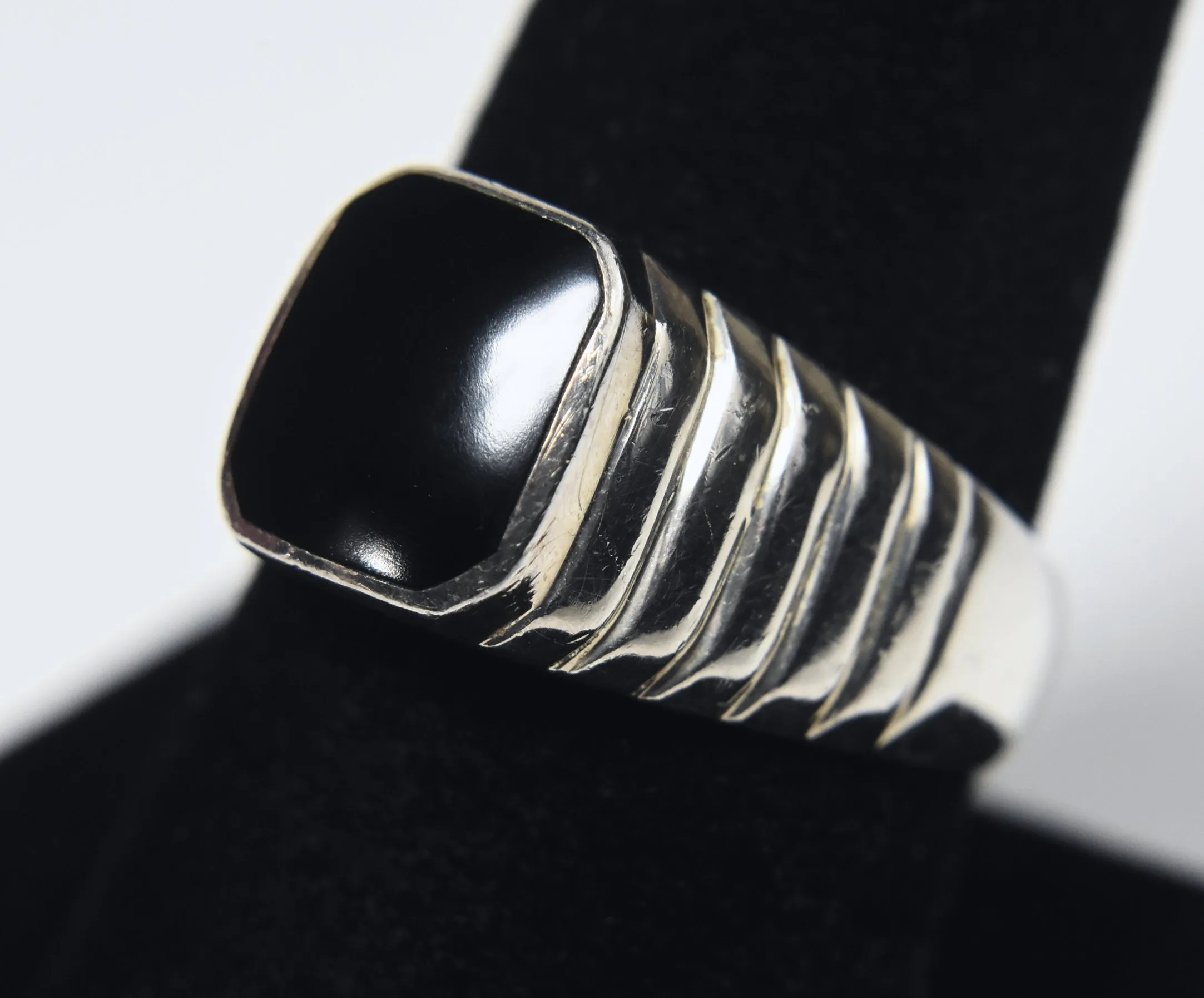 Vintage Tiered Art Deco Design Sterling Silver Black Onyx Signet Ring - Size 8.75