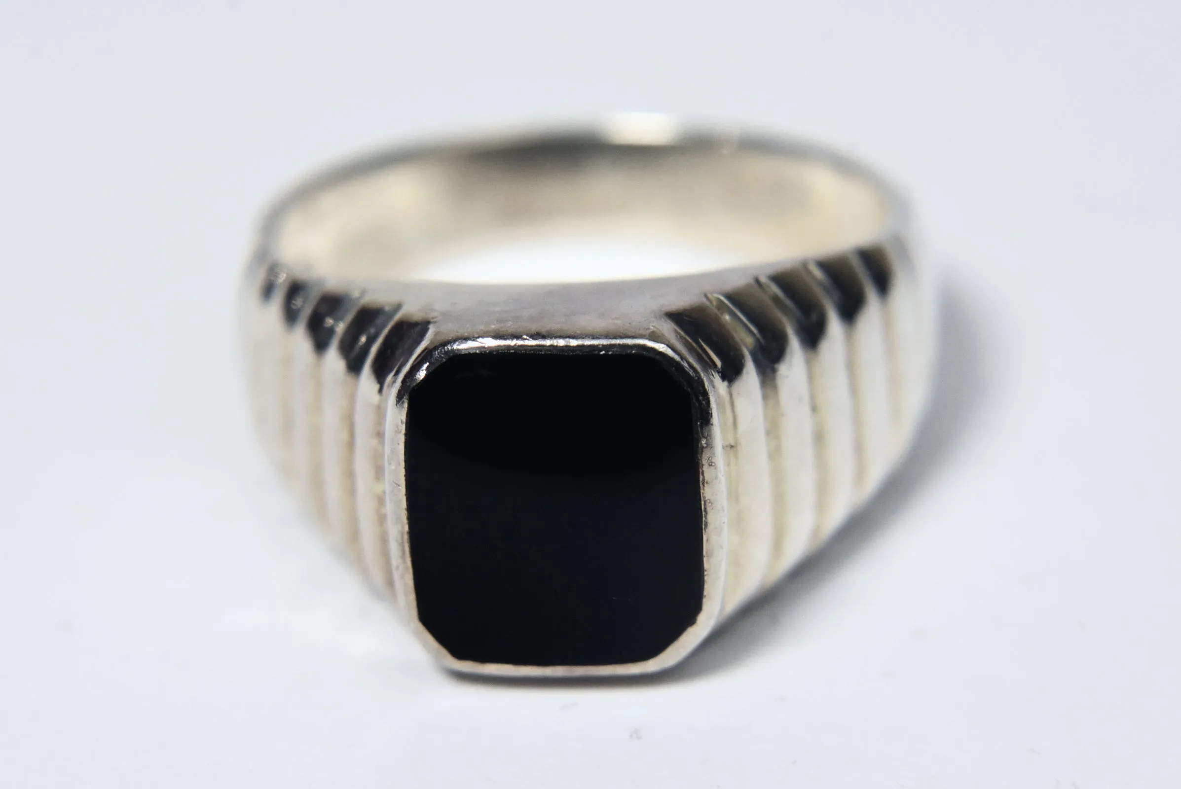 Vintage Tiered Art Deco Design Sterling Silver Black Onyx Signet Ring - Size 8.75