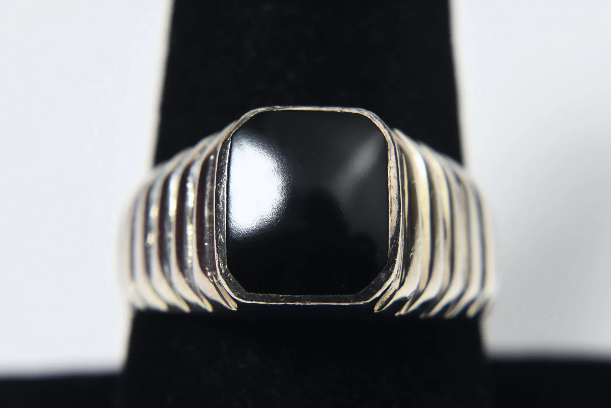 Vintage Tiered Art Deco Design Sterling Silver Black Onyx Signet Ring - Size 8.75