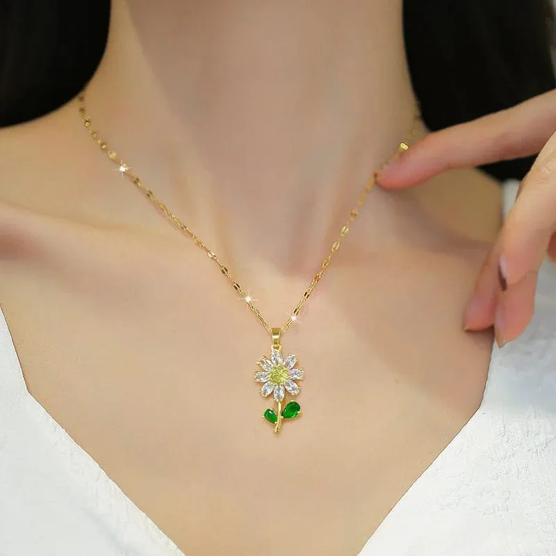 Waterproof Necklaces Dragonfly, Sunflower, Double Strands, Stainless Steel Gold PVD