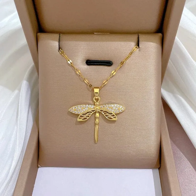 Waterproof Necklaces Dragonfly, Sunflower, Double Strands, Stainless Steel Gold PVD