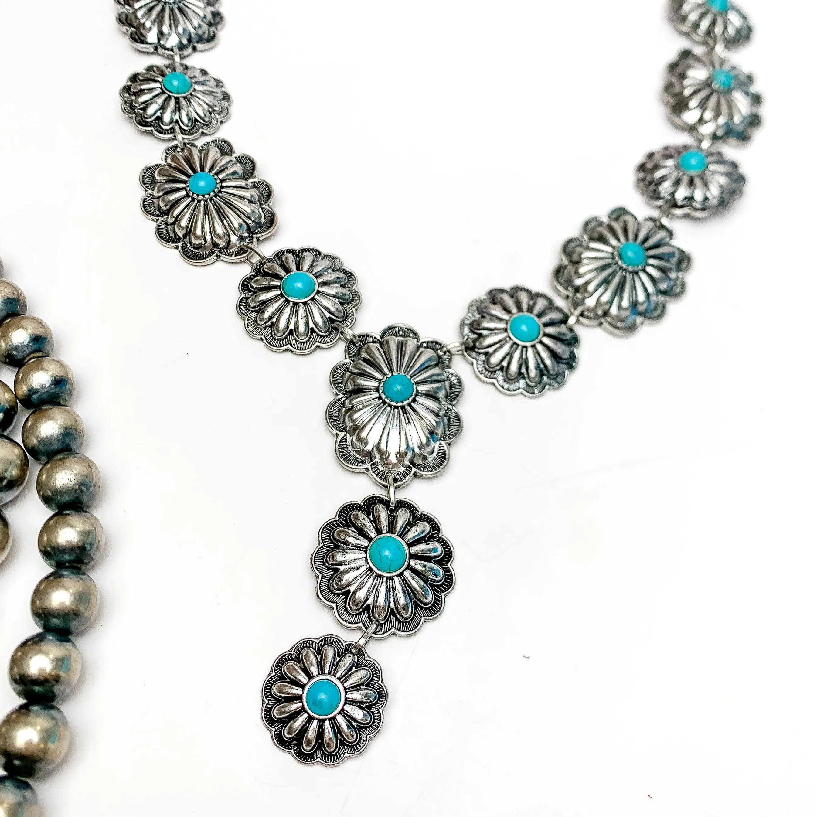 Western Silver Tone Y Necklace With Turquoise Stones