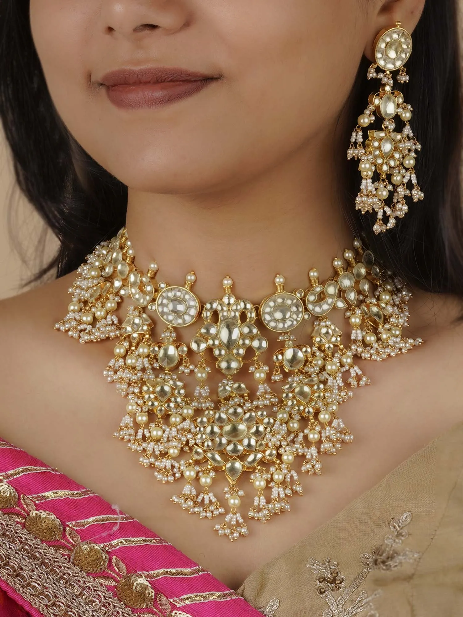 White Color Gold Plated Jadau Kundan Necklace Set - MS1304Y