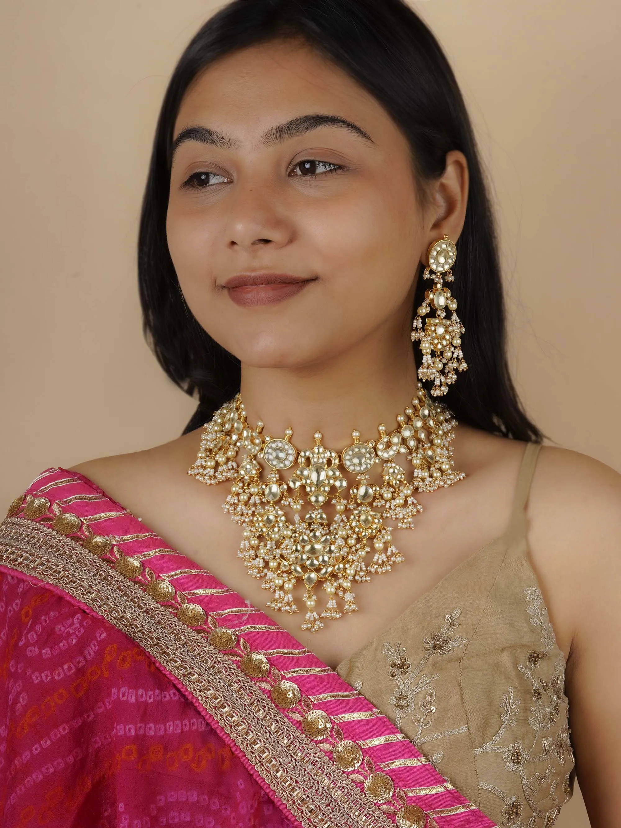 White Color Gold Plated Jadau Kundan Necklace Set - MS1304Y