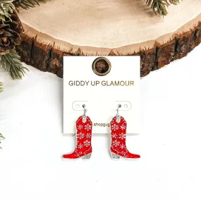 Winter Fate Snowflake Pattern Boot Pendant Earrings in Red