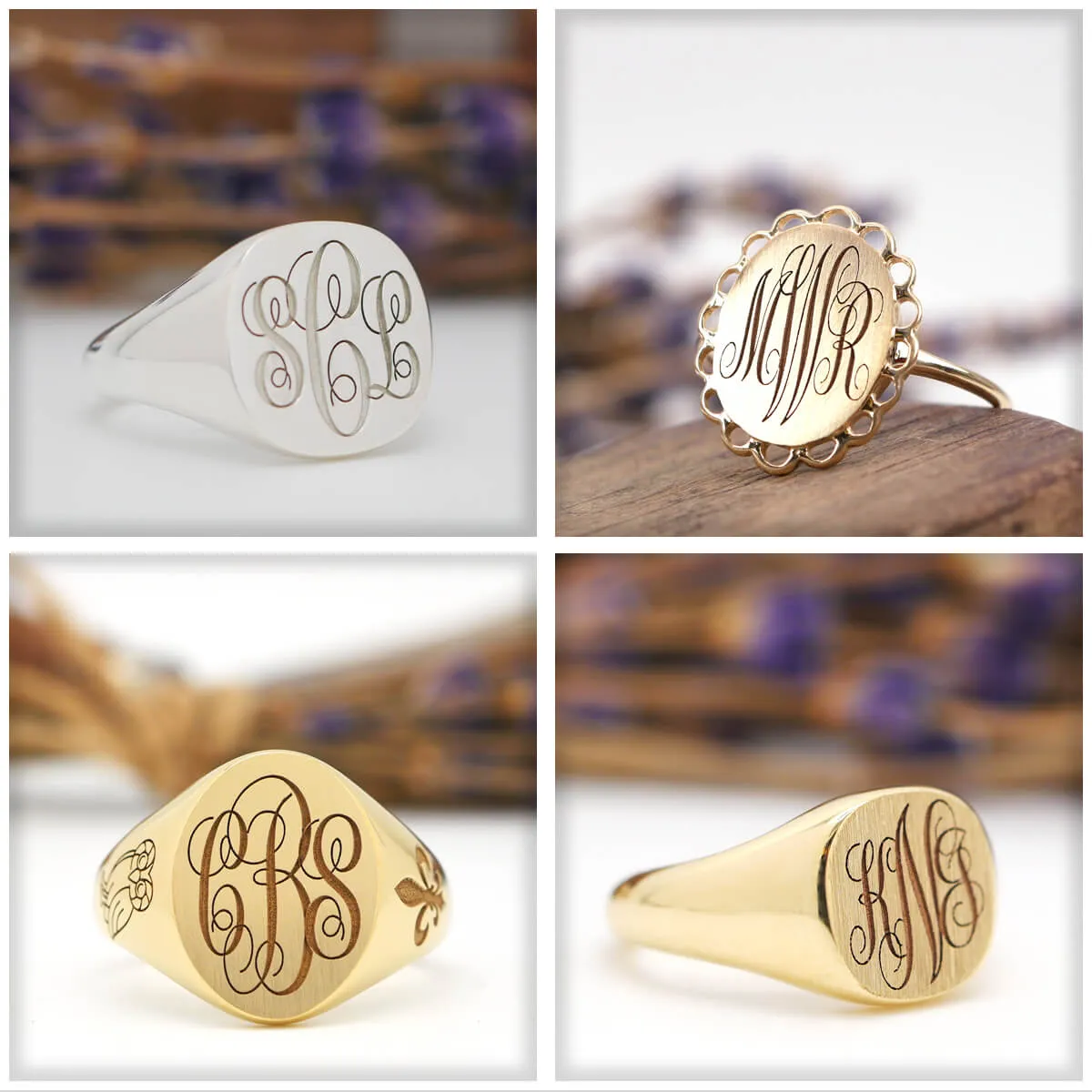 Women's Square Signet Ring - Small - Laser Engraved Script Monogram