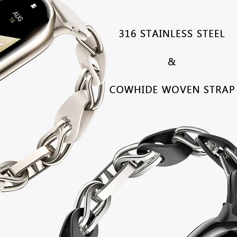 Xiaomi Mi Band 8 Stainless Steel Leather Ring Chain Belt | Black