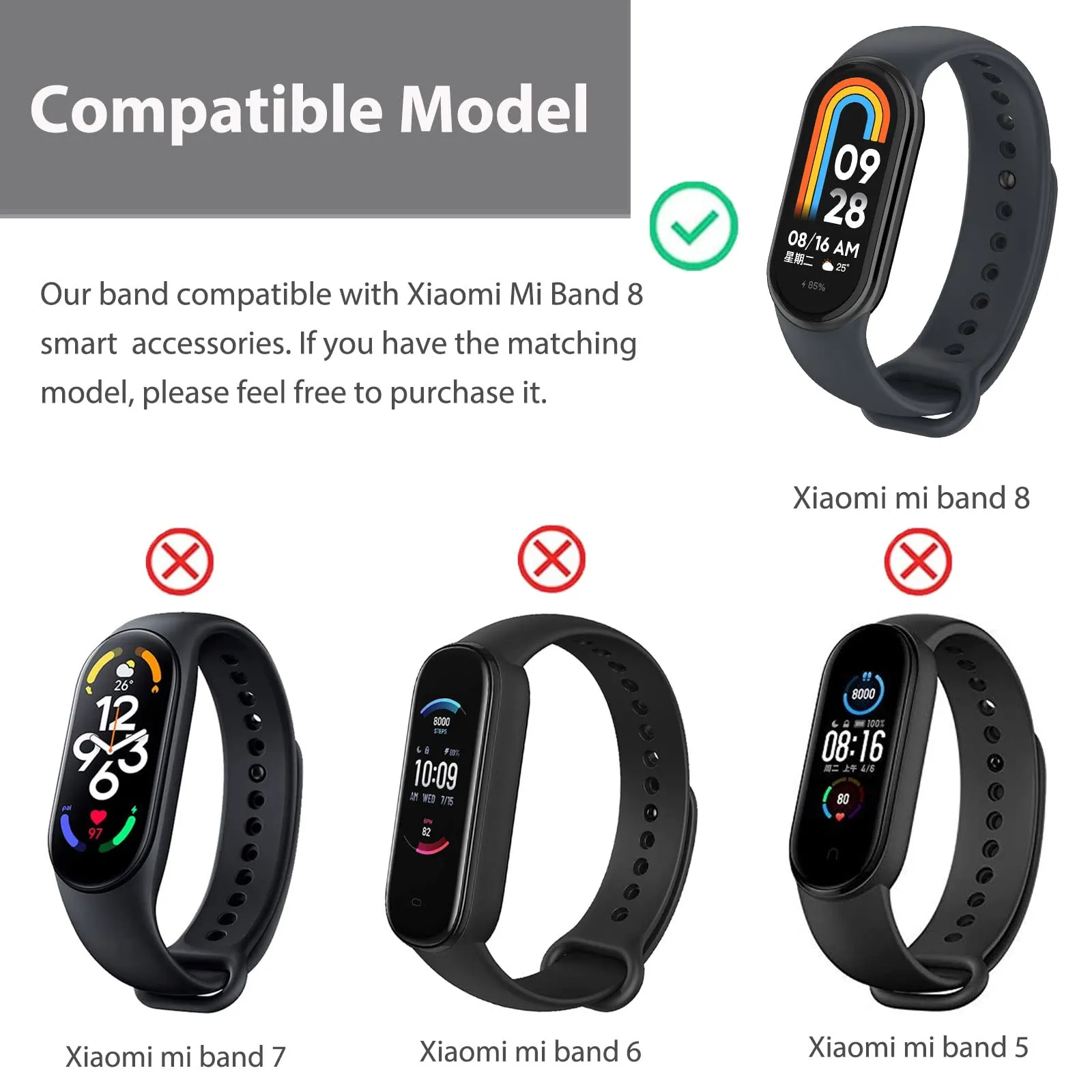 Xiaomi Mi Band 8 Stainless Steel Leather Ring Chain Belt | Black
